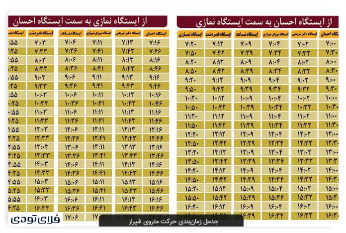 برنامه زمان‌بندی مترو شیراز